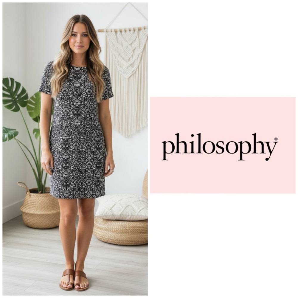 Philosophy Black and White Midi Sheath Dress with Bateau Neckline